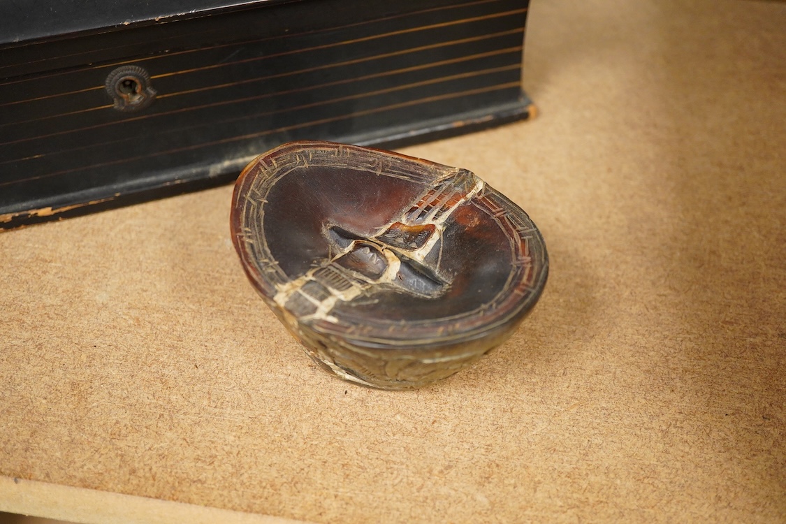 A Japanese lacquer box and a horn carving, box 30cm wide